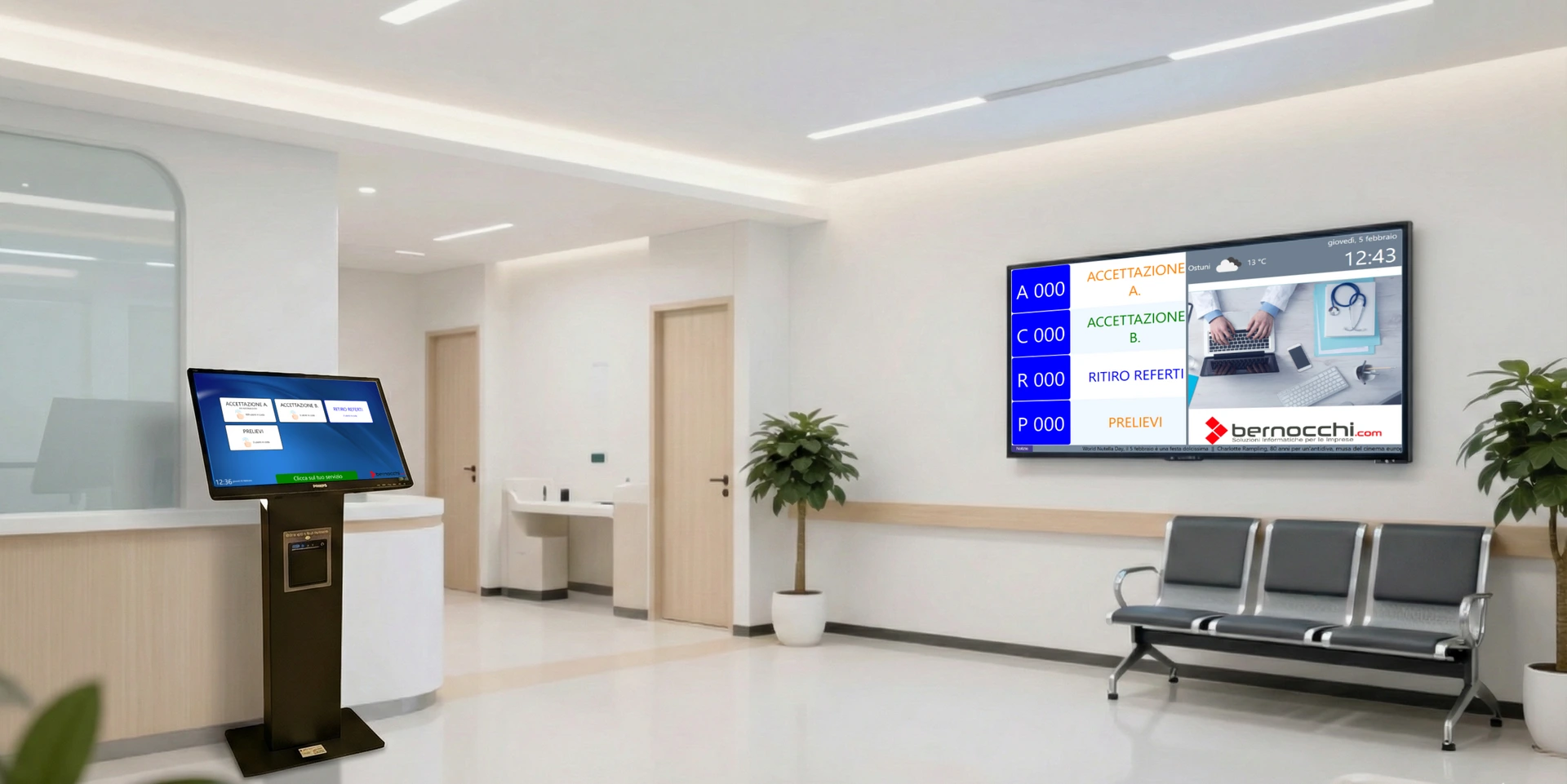 Totem Eliminacode Touch Screen installato in sala d'attesa - Sistema di Gestione Code VS Totem